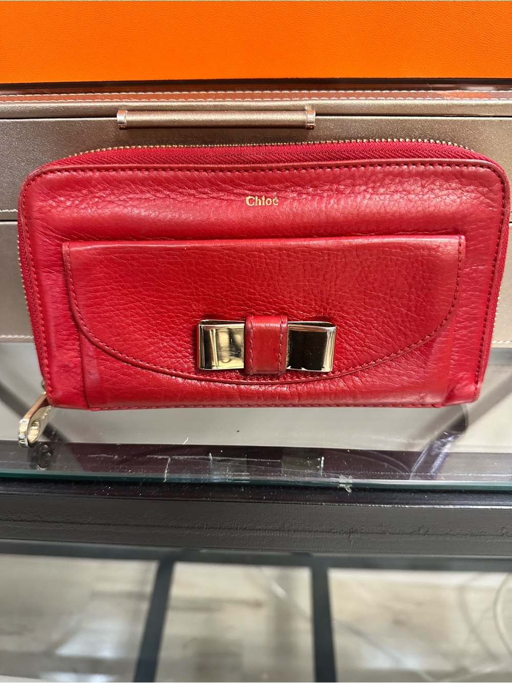 Chloe Red Leather Zip Wallet with Bow Detail